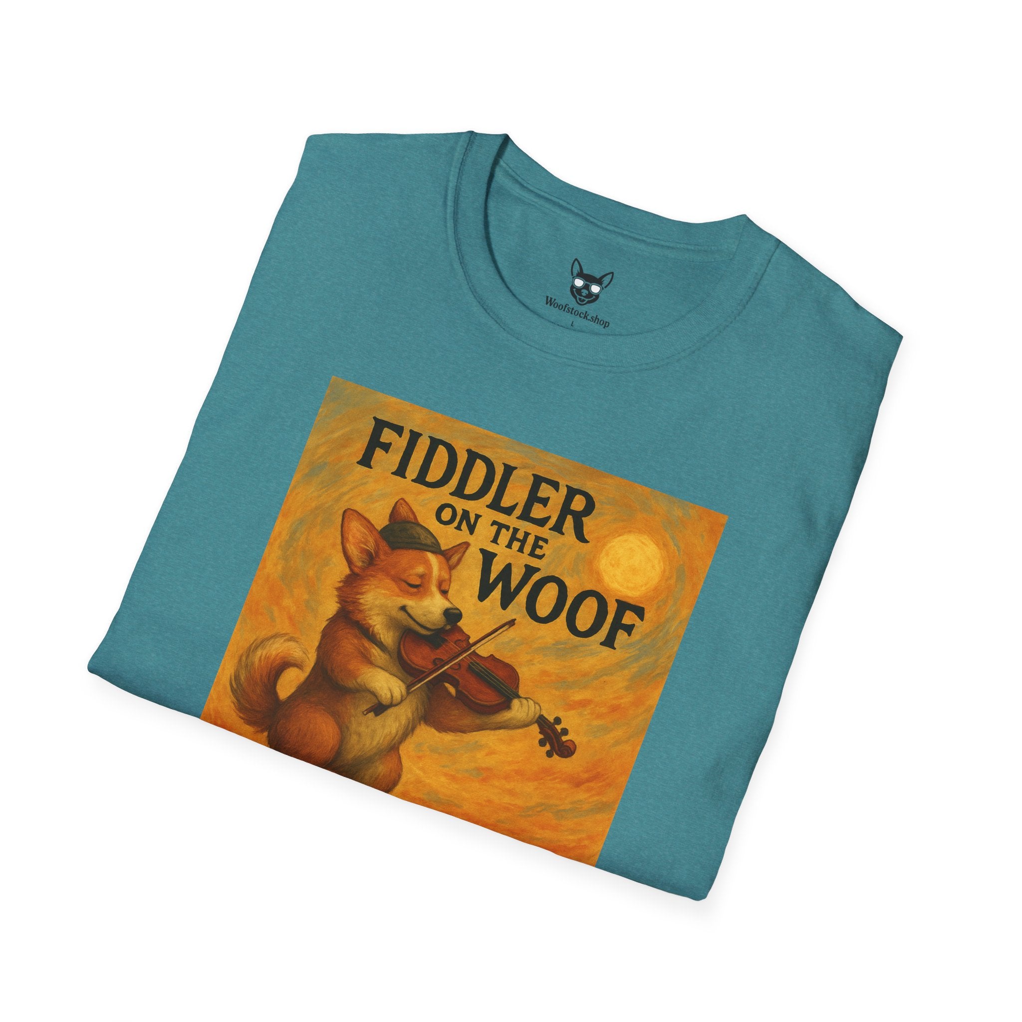 Fiddler on the Woof Broadway Poster Dog Parody Unisex Softstyle T-Shirt -- Funny Broadway Movie Tee for Theater and Dog Lovers